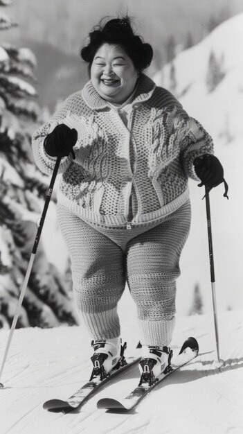 Free photo full shot woman skiing monochrome