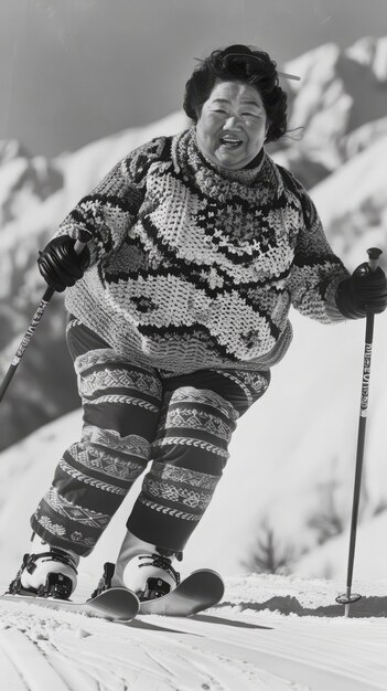 Free photo full shot woman skiing monochrome