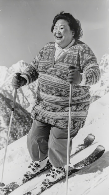 Free photo full shot woman skiing monochrome