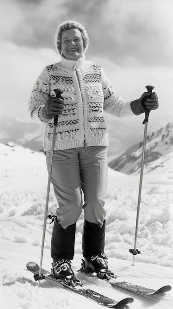 Free photo full shot woman skiing monochrome