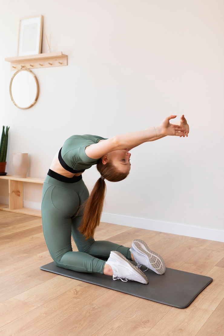 Free Photo full shot woman stretching on mat
