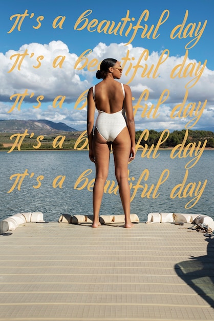 Free photo full shot woman in swimsuit with wavy texts