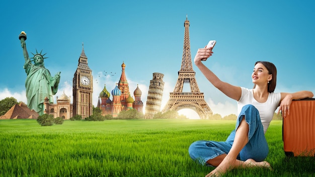 full shot woman taking selfie