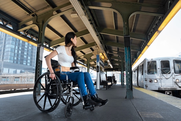 電車を待っているフルショットの女性