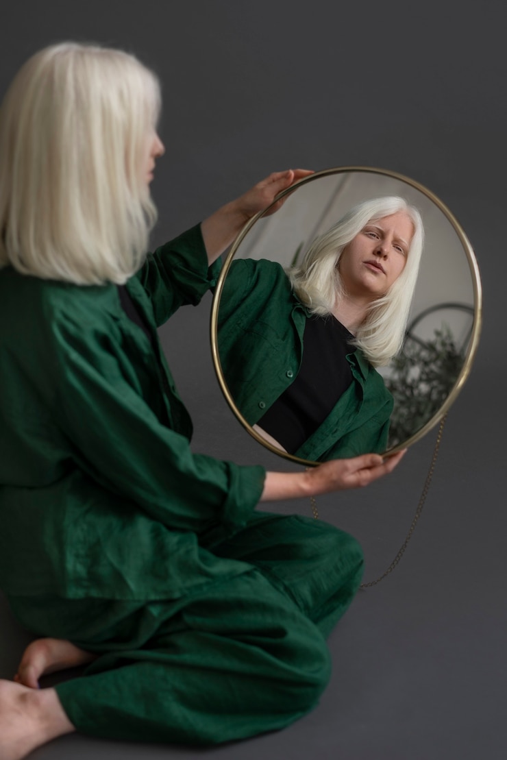Free Photo full shot woman with albinism posing in studio