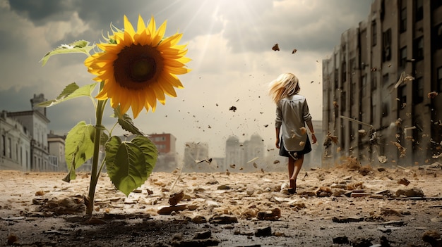 Free photo full shot woman with sunflowers