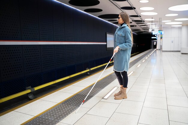 Full shot woman with walking cane