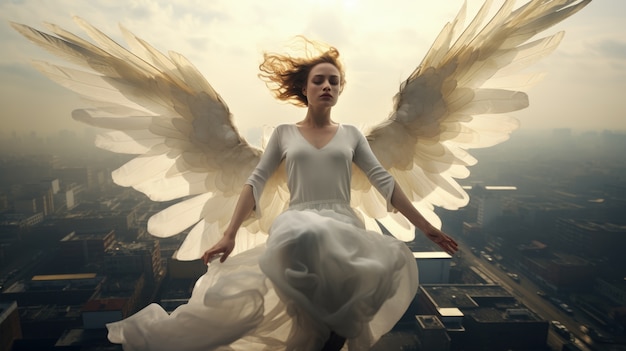 Free photo full shot woman with wings flying