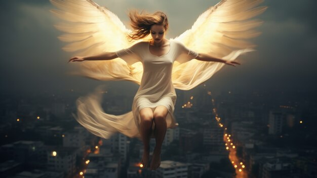Женщина с крыльями, летящими.