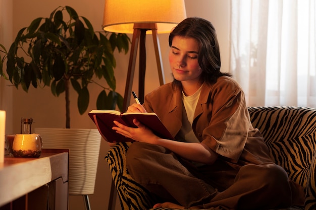 Free photo full shot woman writing in her journal