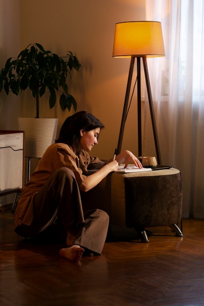 Free photo full shot woman writing in her journal