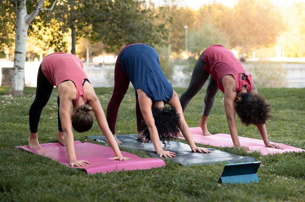 Free photo full shot women doing sport together