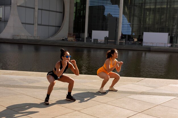 Full shot women doing squats together