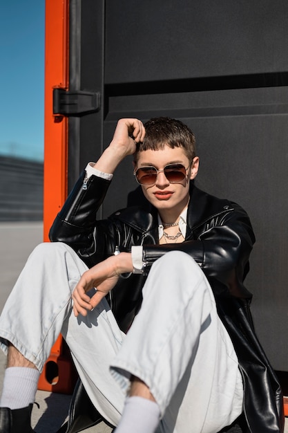 Free photo full shot young man with chain necklace