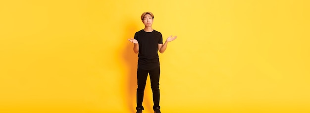 Fulllength of disappointed and frustrated asian guy shrugging looking sad yellow background