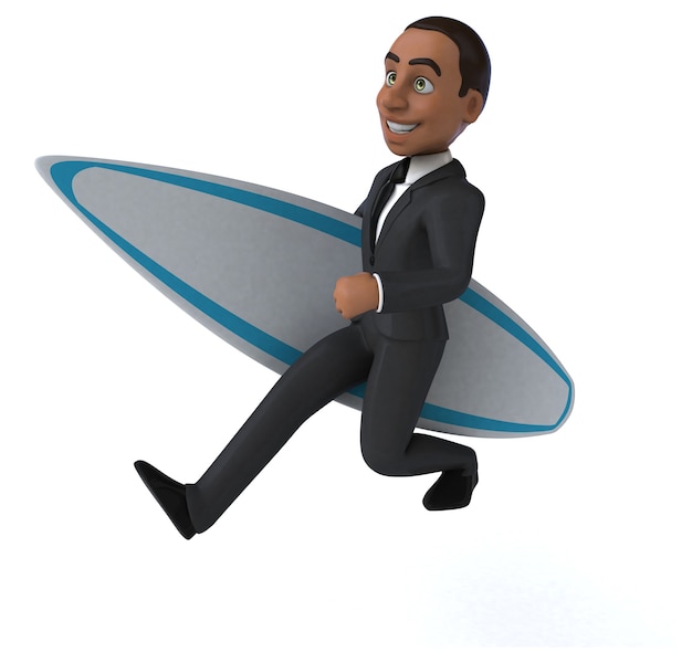 Весело 3D мультфильм деловой человек серфинг