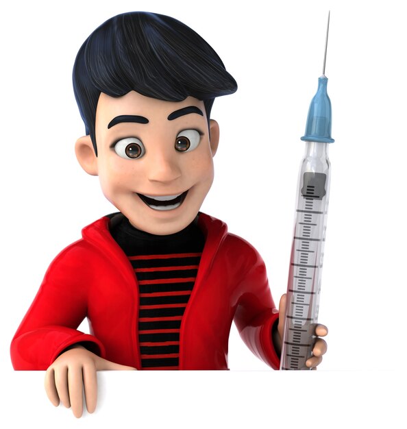 注射器で楽しい3D漫画の10代の少年