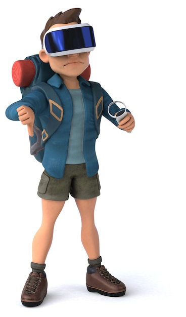 Free photo fun 3d illustration of a backpacker with a vr helmet