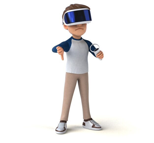 Fun 3D illustration of a cartoon kid with a VR helmet