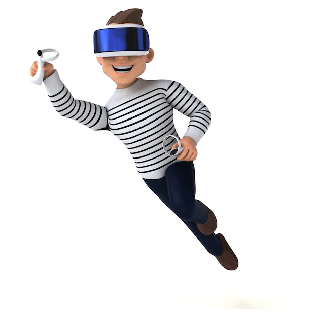 Веселая трехмерная иллюстрация мультяшного человека в шлеме VR