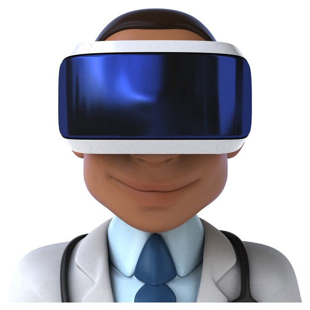 Веселая трехмерная иллюстрация врача в шлеме виртуальной реальности