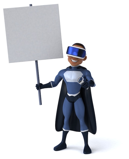 Веселая трехмерная иллюстрация супергероя в шлеме виртуальной реальности
