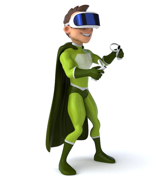 VRヘルメットをかぶったスーパーヒーローの楽しい3Dイラスト