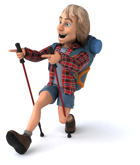 Fun backpacker with walking sticks - 3D Illustration