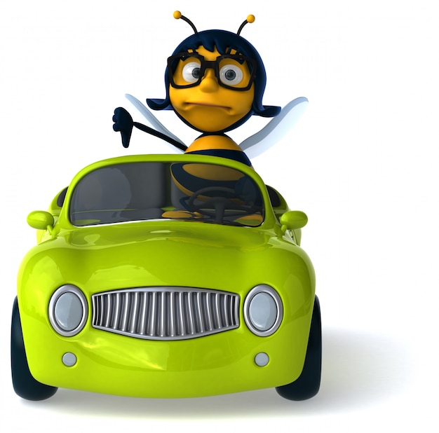 Весело иллюстрированная пчела в машине в очках показывает палец вниз