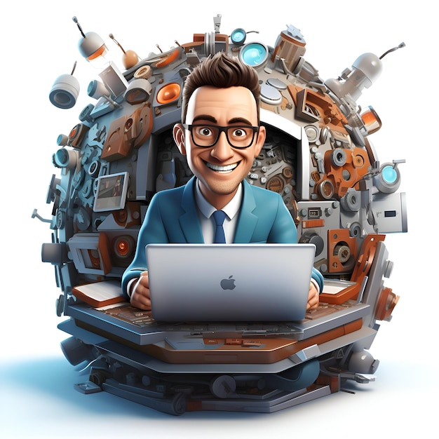 Free photo fun man with a laptop sitting in a spaceship 3d rendering