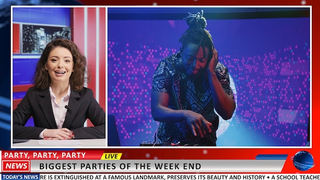 Fun weekend activities reportage on television program, journalist presenting music festivals or parties in the city. Woman presenter doing entertainment newscast, nightlife clubs recommendations.