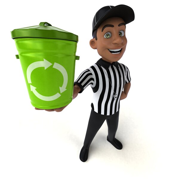 Funny 3D Illustration of an american Referee with trash bin