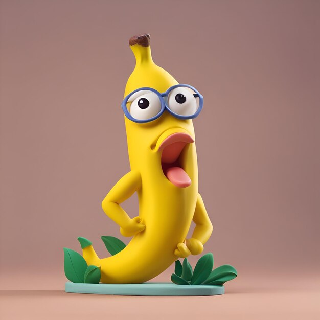 Забавный банановый персонаж в очках и зеленых листьях, 3d иллюстрация