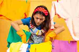 Free photo funny and beautiful housewife doing housework isolated on yellow background. young caucasian woman surrounded by washed clothes. domestic life, bright artwork, housekeeping concept. looks busy.