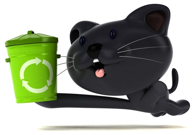 Забавная кошка 3D иллюстрации с мусорным ведром