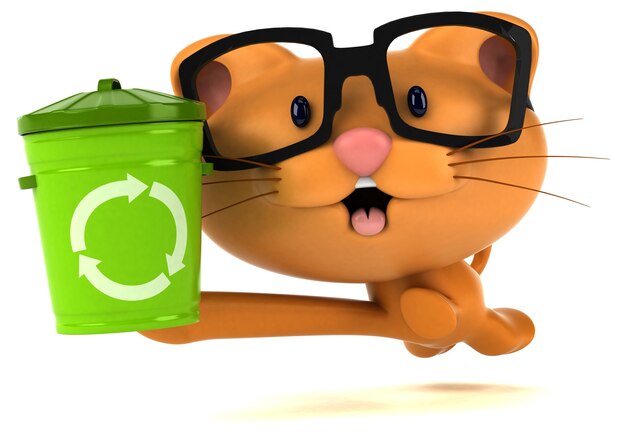 Funny cat 3D illustration with trash bin