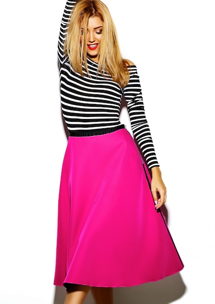 Funny crazy glamor stylish sexy smiling beautiful blond young woman model in pink hipster clothes in studio