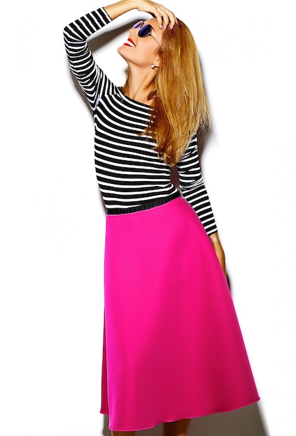 Funny crazy glamor stylish sexy smiling beautiful blond young woman model in pink hipster clothes in studio