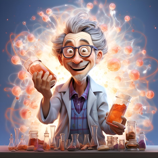 Funny crazy scientist with chemical test tubes and flasks in the laboratory