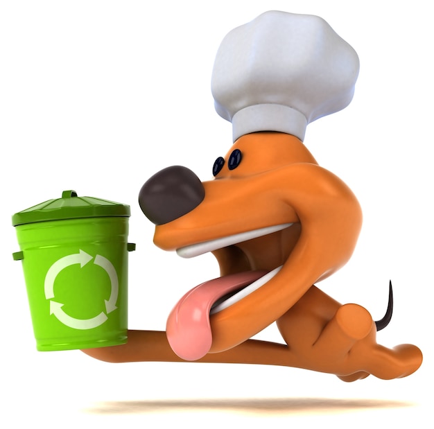 Funny dog 3D illustration with trash bin