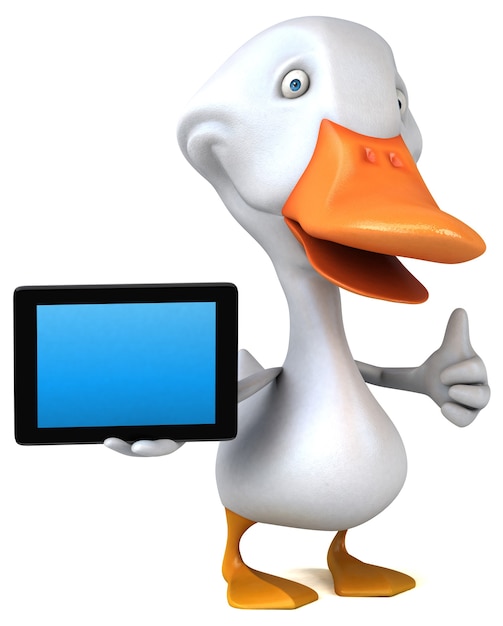 Funny duck 3D illustration with tablet