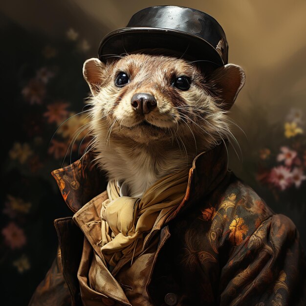 Free photo funny ferret in a leather jacket and hat on a dark background