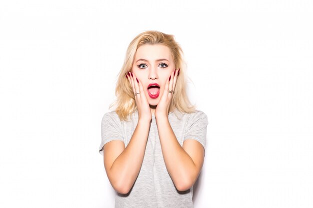 Funny girl looks surprised in front of white wall