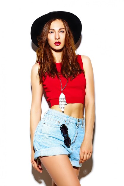 funny glamour stylish sexy smiling beautiful young woman model in summer bright  hipster cloth in hat