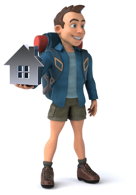 Funny illustration of a 3D cartoon backpacker