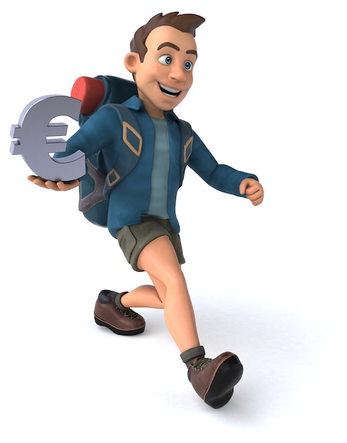Funny illustration of a 3D cartoon backpacker