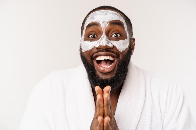 Funny laughing man with mask leads healthy lifestyle rejoicing at morning procedures positive emotio
