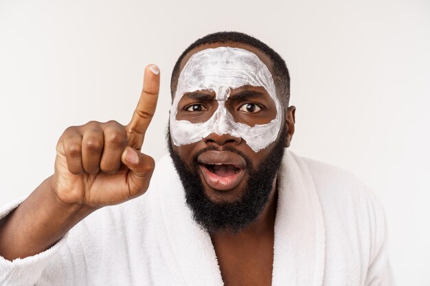 Funny laughing man with mask leads healthy lifestyle rejoicing at morning procedures positive emotio