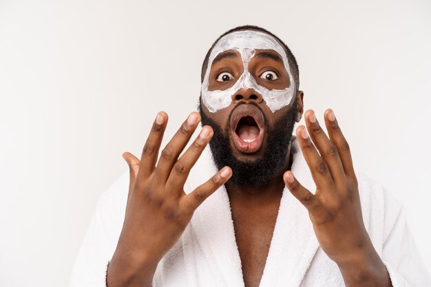 Funny laughing man with mask leads healthy lifestyle rejoicing at morning procedures positive emotio