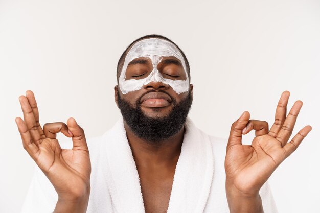 Funny laughing man with mask leads healthy lifestyle rejoicing at morning procedures positive emotio